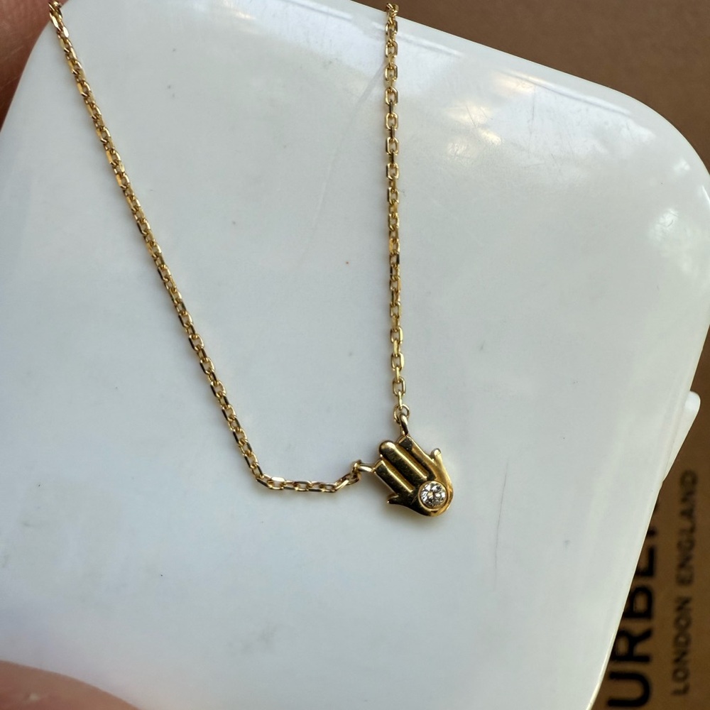 14K Solid Gold with Diamond Hamsa Hand necklace and earrings set - Picture 3 of 7